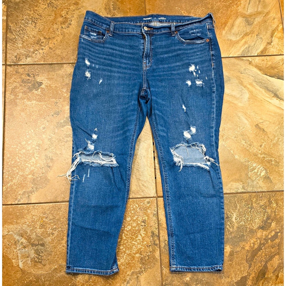 Old Navy Mid Rise Blue Distressed 5-Pocket Boyfriend Denim Jeans Women 14 #198